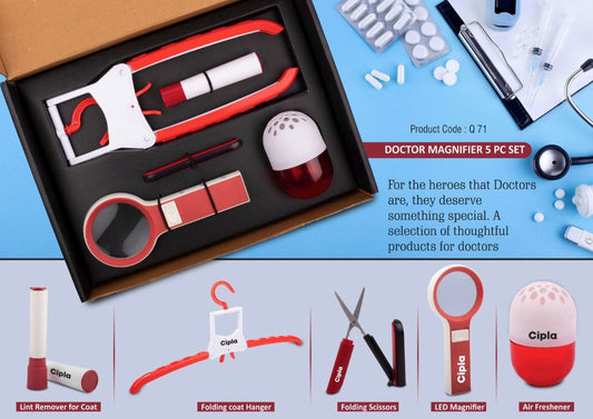 Doctor Magnifier set: Folding Coat hanger, Lint remover, Folding scissors, LED Magnifier, Capsule shape Air freshener | 5 pc set