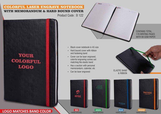 Colorful Laser engrave notebook with elastic band and ribbon Hard bound cover Logo matches band color 80 gsm sheets 160 undated pages