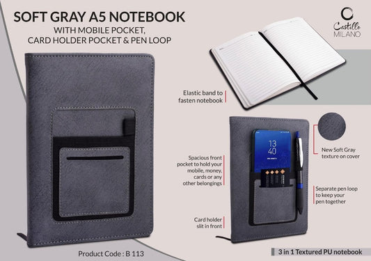 Soft Gray A5 notebook with mobile pocket card holder pocket and pen loop by Castillo Milano