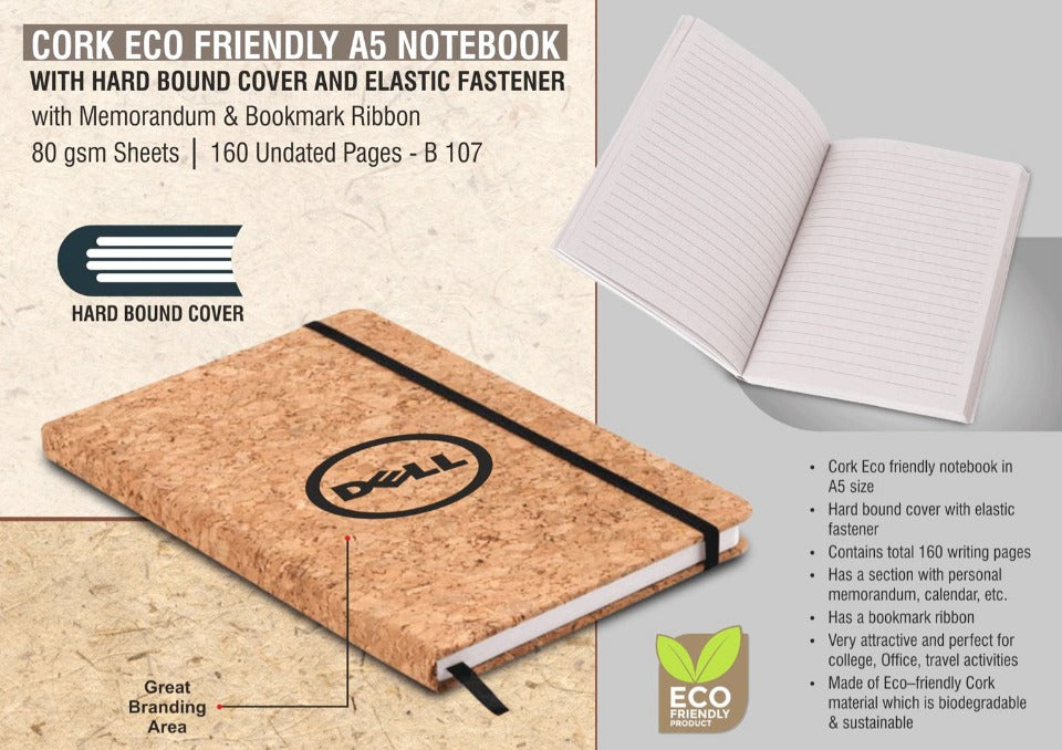 Cork Eco friendly A5 notebook with Hard bound cover and Elastic fastener | With memorandum & Bookmark ribbon | 80 gsm sheets | 160 undated pages