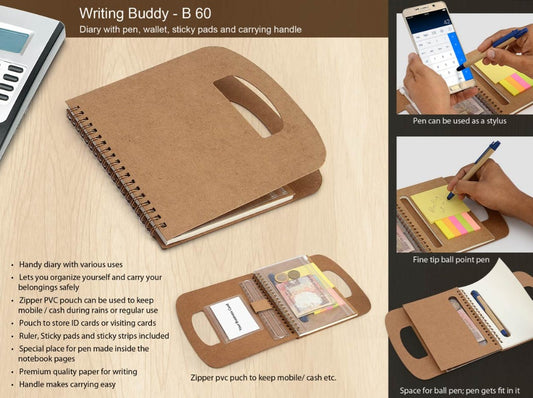 Writing buddy Diary with pen wallet sticky pads and carrying handle