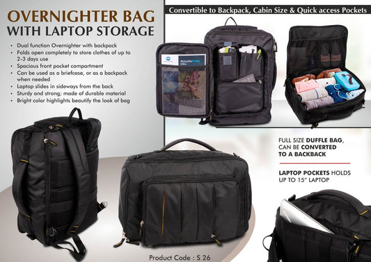 Overnighter bag with Laptop storage Convertible to Shoe Backpack Cabin size Quick access and pockets