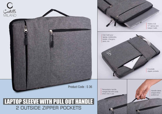 Laptop Sleeve with pull out handle 2 outside zipper pockets