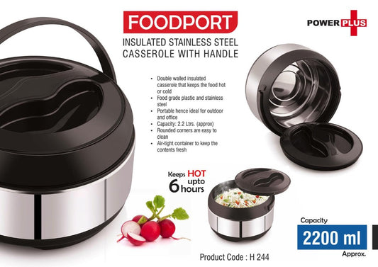 Foodport: Insulated Stainless Steel casserole with handle | Keeps hot for upto 6 hours | Capacity 2200ml approx