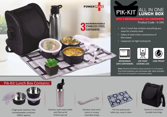 PIK-KIT: All in 1 Lunch box with 3 Microwaveable SS containers | Contains SS bottle, Fork, Spoon, Tablemat, Premium Bag
