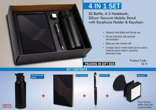 4 in 1 set: Stainless Steel bottle, metal pen, Silicon mobile stand with earphone holder, A5 notebook