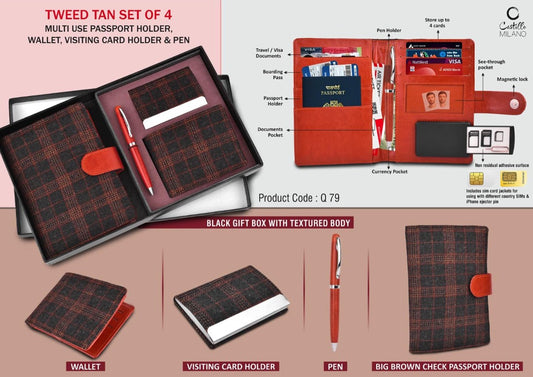 Tweed Tan Set of 4: Multi use Passport holder, Wallet, Card holder, Metal Pen