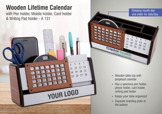 Wooden Life Time Calender with Pen holder, Mobile holder, Card holder and Writing Pad Holder