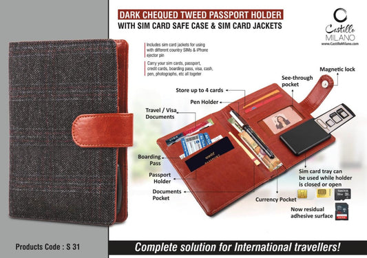 Dark Chequed Tweed Passport Holder