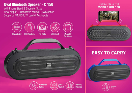 Oval Bluetooth Speaker With Phone Stand & Shoulder Strap | 12W Output | Handsfree Calling | TWS Option | Supports FM, USB, TF Card & Aux Inputs (BT09)