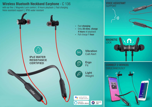 Wireless Bluetooth Neckband Earphone With Ear Fins | Magnetic Lock Control | 8 Hours Playback | Fast Charging | Voice Assistant Support | IPX5 Water Resistant (BE930M)
