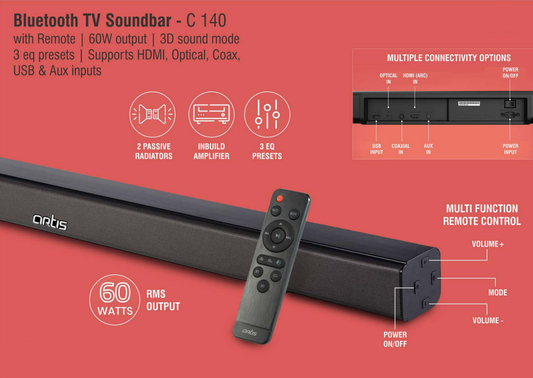 Bluetooth TV Soundbar With Remote | 60W Output | 3D Sound Mode | 3 Eq Presets | Supports HDMI, Optical, Coax, USB & Aux Inputs (BTX5)