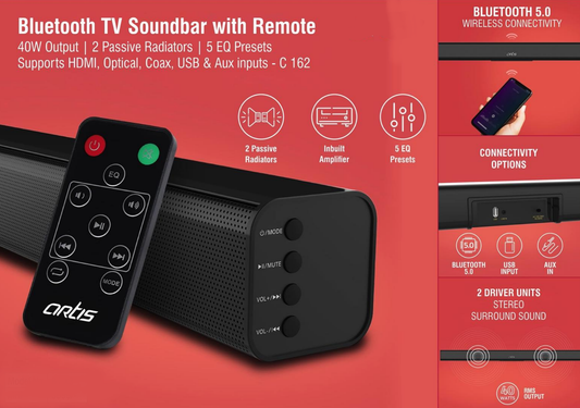 Bluetooth TV Soundbar With Remote | 40W Output | 2 Passive Radiators | 5 Eq Presets | Supports HDMI, Optical, Coax, USB & Aux Inputs (BTX3)