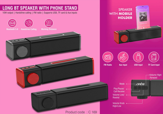 Long BT Speaker With Phone Stand | 10W Output | Handsfree Calling | FM Radio | Supports USB, TF Card & Aux Inputs (BT18)