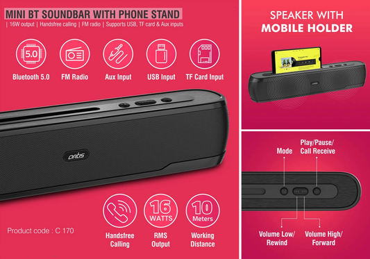 Mini BT Soundbar With Phone Stand | 16W Output | Handsfree Calling | FM Radio | Supports USB, TF Card & Aux Inputs (BT50)