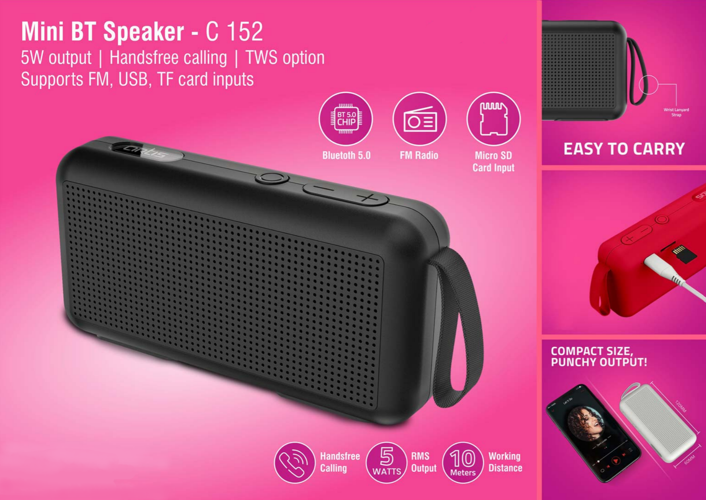 Mini BT Speaker | 5W Output | Handsfree Calling | TWS Option | Supports FM, USB, TF Card Inputs (BT05)