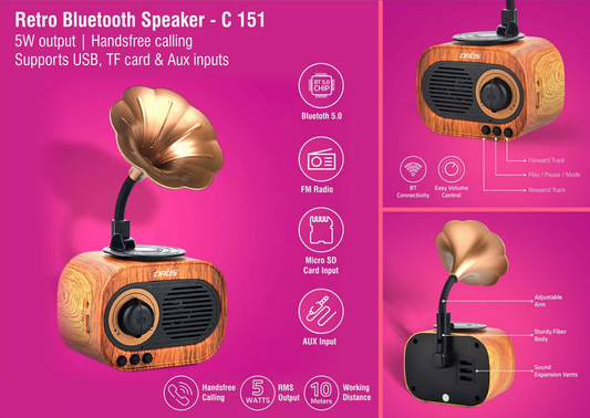 Retro Bluetooth Speaker | 5W Output | Handsfree Calling | Supports USB, TF Card & Aux Inputs (BT12)