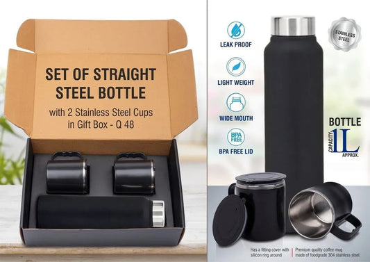 Set of Black Stainless Steel Bottle with 2 Stainless Steel cups in Gift box Bottle capacity 1L approx