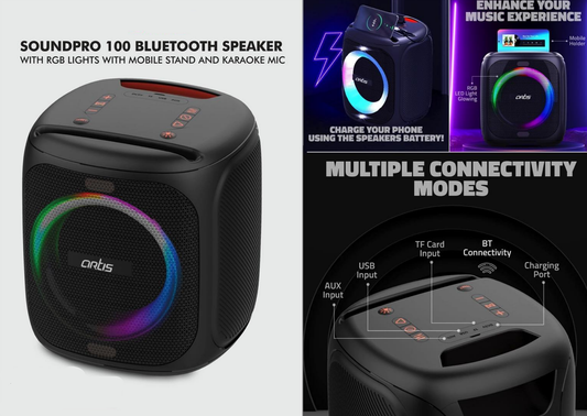 Soundpro 100 Bluetooth Speaker With RGB Lights | With Mobile Stand And Karaoke Mic